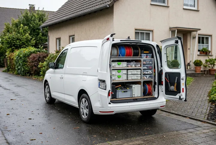 Servicefahrzeug mit geöffneten Hecktüren und eingerichtetem Innenausbau mit Rohrringen und Sortimentskästen