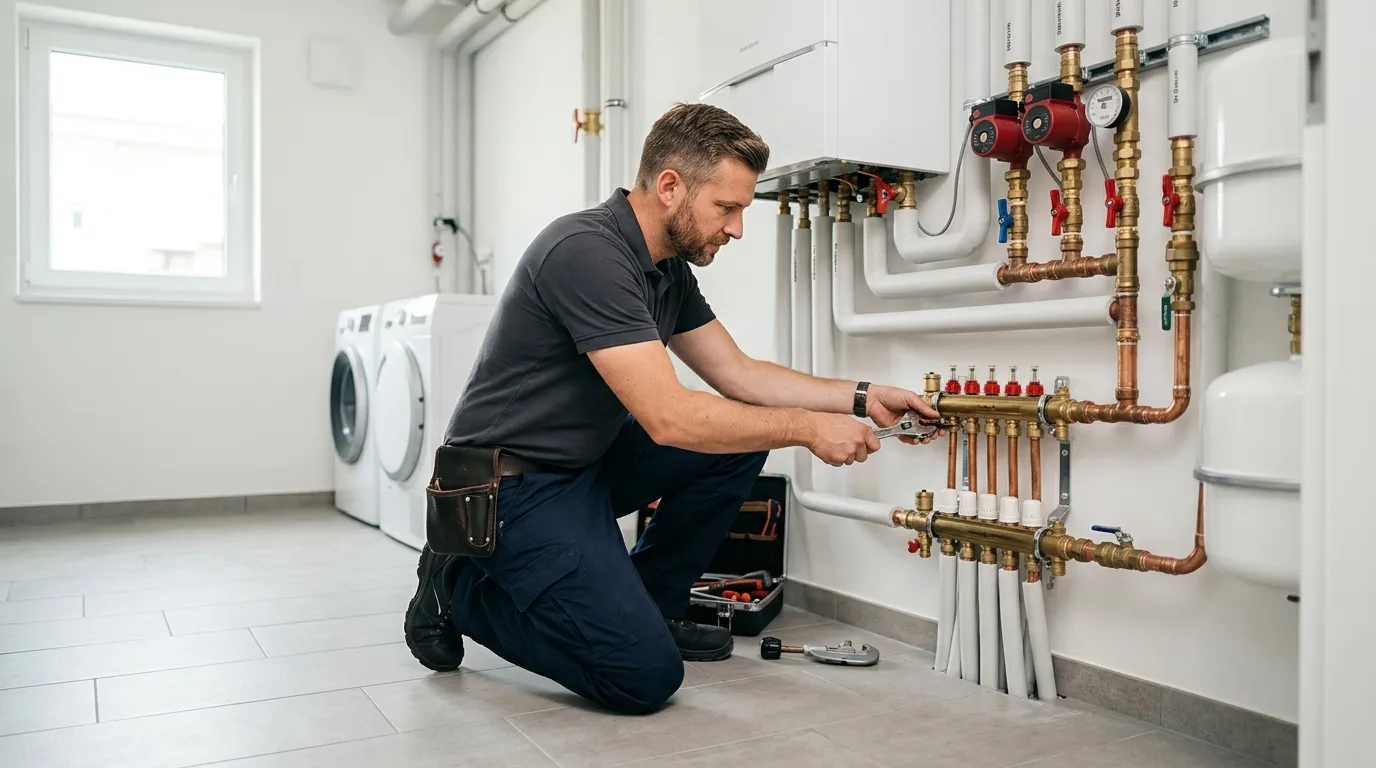 Monteur bei Arbeiten an einem Heizkreisverteiler neben einem wandhängenden Heizkessel