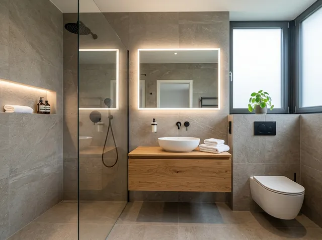 Fertiges Badezimmer mit bodengleicher Dusche, Waschtisch auf Holzunterschrank und wandhängendem WC