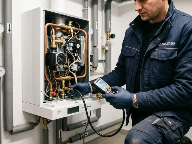 Monteur prüft mit einem Messgerät die geöffnete Technik eines wandhängenden Heizkessels