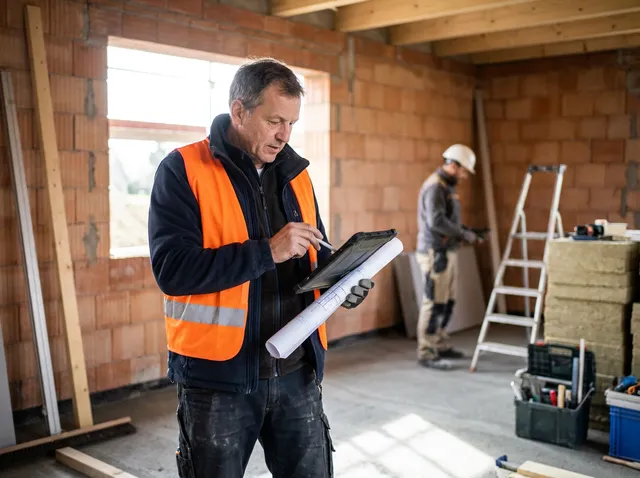 Bauleiter mit Tablet und zusammengerollten Plänen im Rohbau, im Hintergrund ein weiterer Handwerker