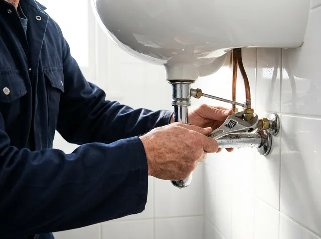 Hände montieren mit einem Schraubenschlüssel das Eckventil unter einem wandhängenden Waschbecken