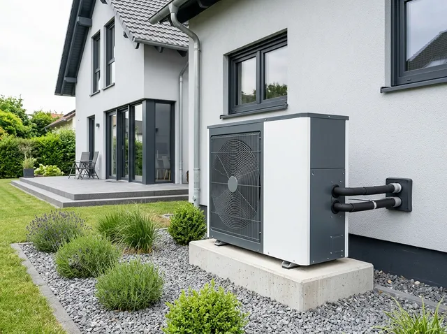 Außeneinheit einer Luft-Wasser-Wärmepumpe auf einem Betonfundament an der Hauswand, Leitungen in die Wand geführt