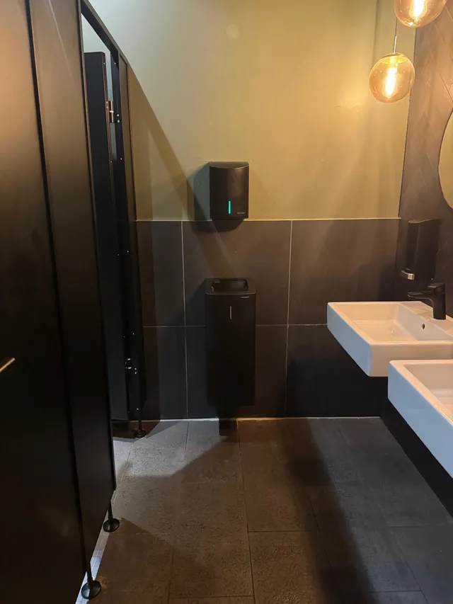 WC-Bereich mit dunklen Trennwänden, Handtuchspender und Abfallbehälter neben den Waschtischen